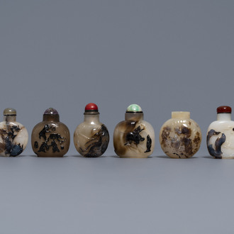 Eight Chinese carved shadow agate snuff bottles, 19/20th C.