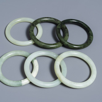 Six Chinese celadon and spinach green jade bangles, 19/20th C.