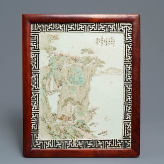 A Chinese qianjiang cai 'mountain view' plaque, signed Cheng Men, 19th C.