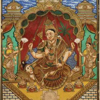 Ecole de Thanjavur, Inde du Sud, pigments et dorure sur papier, 19/20ème: 'Vishnu et Lakshmi'