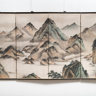 Chinese school, signed Tan Xun, 20th C., ink and colour on paper mounted as screen: 'Mountain landscape'