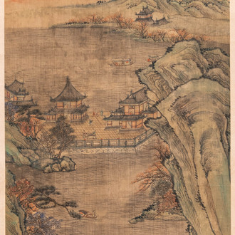 Ecole chinoise, d'après Qiu Ying (c.1494-1551/52), encre et couleurs sur soie: 'paysage montagneux', daté 1545