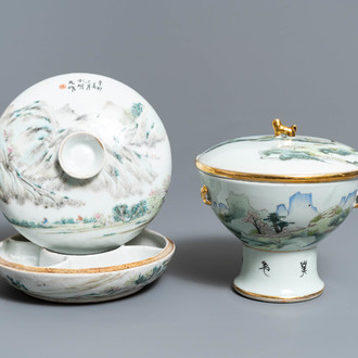 A Chinese qianjiang cai spice box and a warming bowl on foot, 19/20th C.