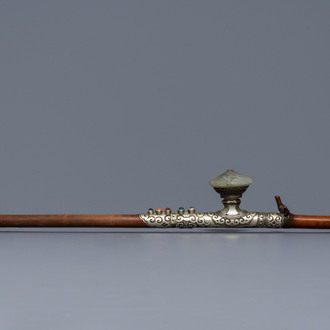 A Chinese jade and semi-precious stones inlaid bamboo opium pipe, 19th C.