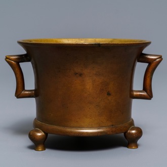 A Chinese bronze tripod censer, Xuande mark, 17/18th C.