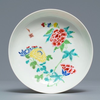 A Chinese famille rose 'boneless style' saucer dish, Yongzheng mark and of the period