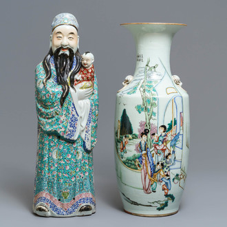 A Chinese famille rose vase and a figure of Fu Xing, 19th C.