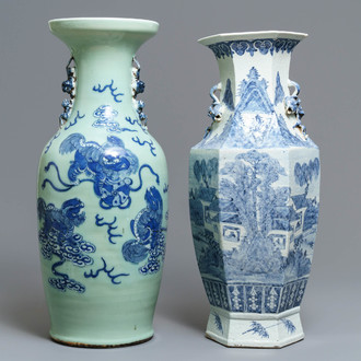 Twee Chinese vazen met blauw-wit en celadon decor, 19e eeuw