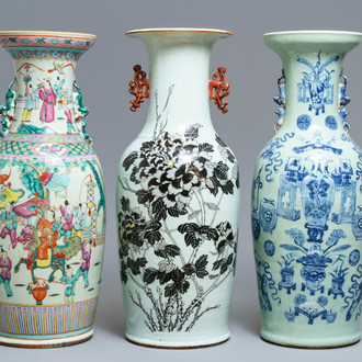 Three Chinese blue and white, famille rose and qianjiang cai vases, 19th C.