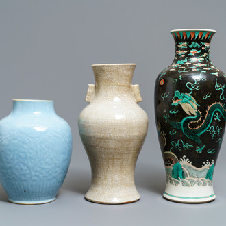 Three Chinese monochrome and famille noire vases, 19th C.