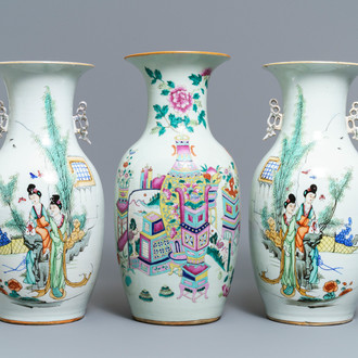 A pair of Chinese famille rose vases and one with antiquities design, 19/20th C.