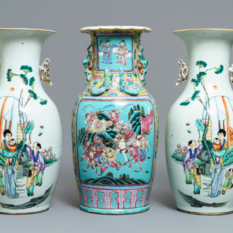 A pair of Chinese famille rose vases and a turquoise-ground warrior vase, 19/20th C.