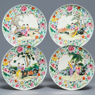 Four Chinese famille rose plates with ladies in a garden, Guangxu mark, Republic, 20th C.