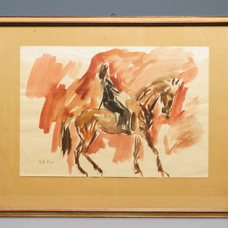 Sadji (Sha Qi, Sha Yinnian) (1914-2005): Rider on horseback, watercolor and ink on paper, signed lower left