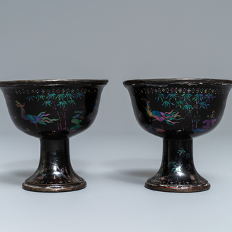 A pair of Chinese lac burgauté stem cups, Kangxi