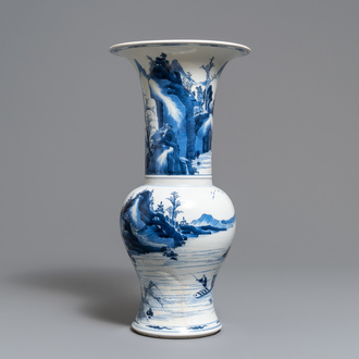 A Chinese blue and white yenyen vase with figures in a landscape, Kangxi