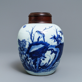 A Chinese blue and white jar with birds among blossoms, Transitional period