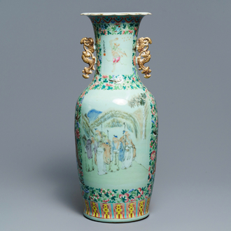 A Chinese celadon-ground qianjiang cai and famille rose vase, 19th C.