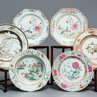 Six various Chinese famille rose, verte and grisaille plates, Yongzheng/Qianlong