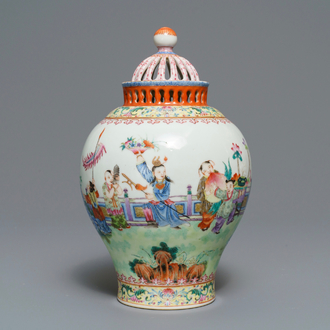 A reticulated Chinese famille rose 'Playing boys' vase, Jiaqing mark, Republic