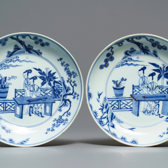 A pair of Chinese blue and white 'Cao sisters' plates, Chenghua mark, Yongzheng