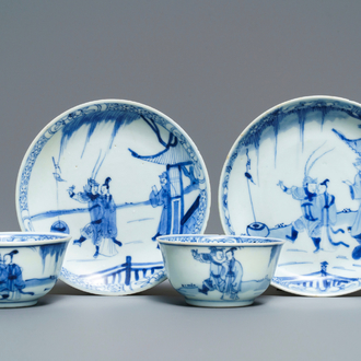 A pair of Chinese blue and white cups and saucers with figures, Ca Mau wreck, Yongzheng