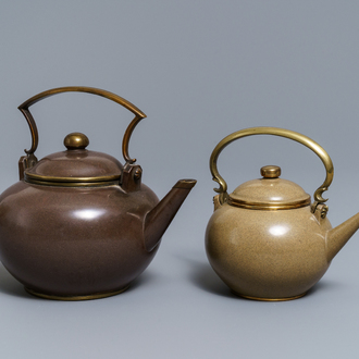 Two Chinese Bencharong Thai market polished Yixing stoneware teapots, 19th C.