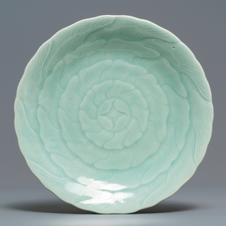 A Chinese celadon chrysanthemum plate, Qianlong mark and of the period