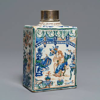 A Dutch Delft cashmere palette chinoiserie tea caddy, 17/18th C.