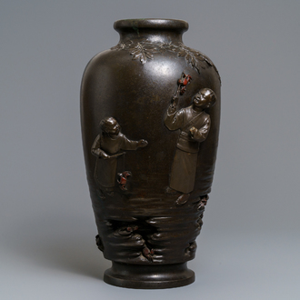 A large Japanese bronze vase with crab-fishing children, seal mark, Meiji, 19th C.