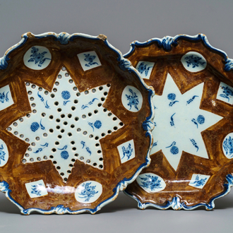 A Dutch Delft blue and white 'capucin brown ground' strainer on stand, 18th C.