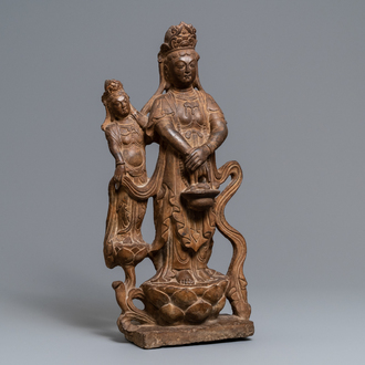 A Chinese carved stone 'Guanyin and attendant' group, Ming/Qing