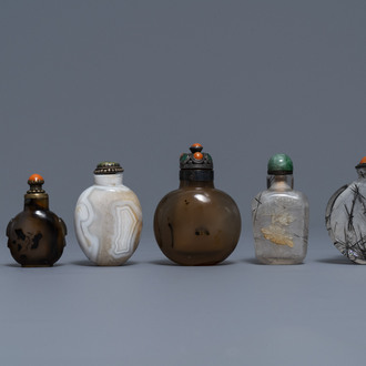 Six Chinese needle quartz and agate snuff bottles, 19/20th C.