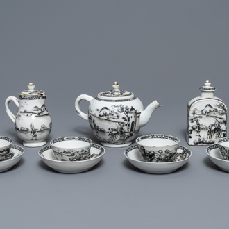 Een 11-delig Chinees grisaille theeservies met Europees decor, Qianlong