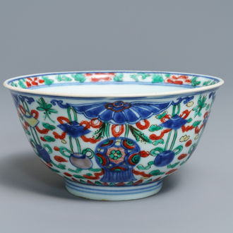 A Chinese wucai 'Buddhist' emblems bowl, Shunzhi, Transitional period