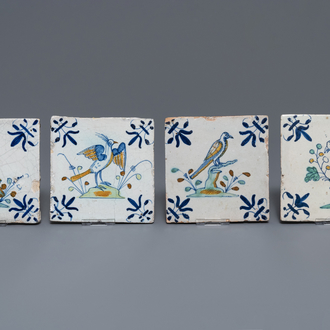 Four polychrome Dutch Delft 'bird' tiles, 1st half 17th C.