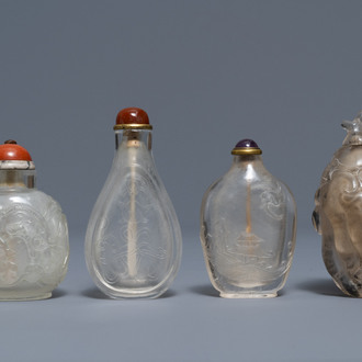 Four Chinese smokey quartz and rock crystal snuff bottles, 18/19th C.