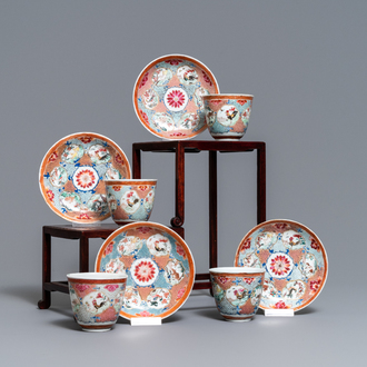 Four Chinese famille rose cups and saucers with animals, Qianlong