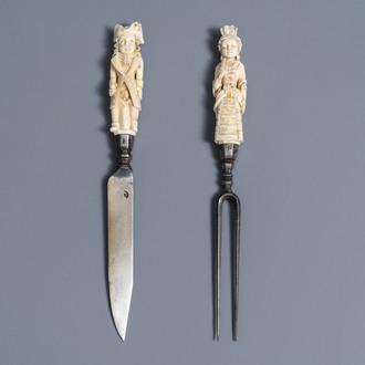 A pair of Hispano-Philippine or Indo-Portuguese erotical ivory-handled knife and fork, 17th C.