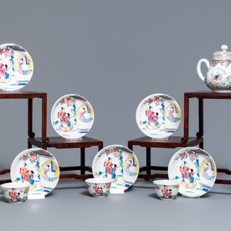 A Chinese famille rose teapot, six saucers and three cups, Yongzheng/Qianlong