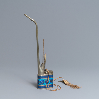 A Chinese inscribed paktong metal and enamel water pipe, 19th C.