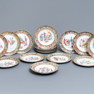 Un service de 16 pièces en porcelaine de Chine famille rose de Canton, 19ème