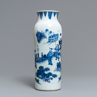 Een Chinese blauw-witte rouleau vaas met figuratief decor rondom, Transitie periode