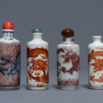 Four Chinese iron- and copper-red porcelain 'dragon' snuff bottles, 19/20th C.