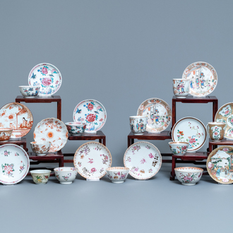 Une collection de tasses et soucoupes en porcelaine de Chine famille rose, Yongzheng/Qianlong