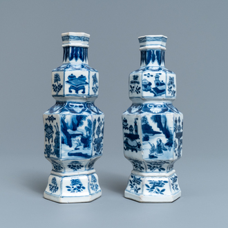 A pair of hexagonal Chinese blue and white vases, Kangxi