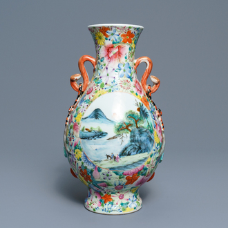 A Chinese famille rose 'millefleurs' landscape vase, Qianlong mark, Republic, 20th C.