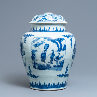 Een Chinese blauw-witte dekselvaas met figuren in cartouches, Transitie periode