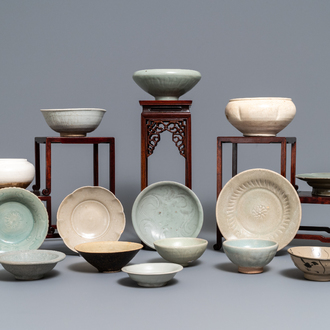 A collection of 15 Chinese celadon- and cream-glazed wares, Song and later