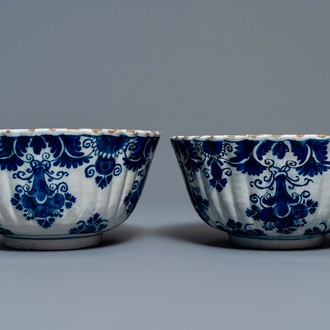 A pair of Dutch Delft blue and white ribbed bowls, 18th C.